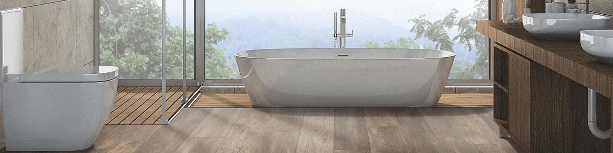 Bathroom with modern bathtub and RevWood hardwood flooring